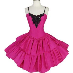 Vintage 80s Pink Black Beaded Tiered Full Skirt Prom Cocktail Party Dress S M